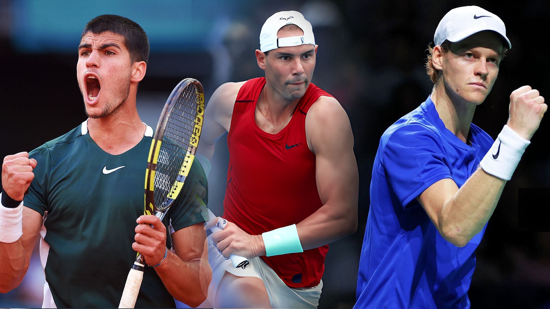 From L-R: Carlos Alcaraz, Rafael Nadal and Jannik Sinner.