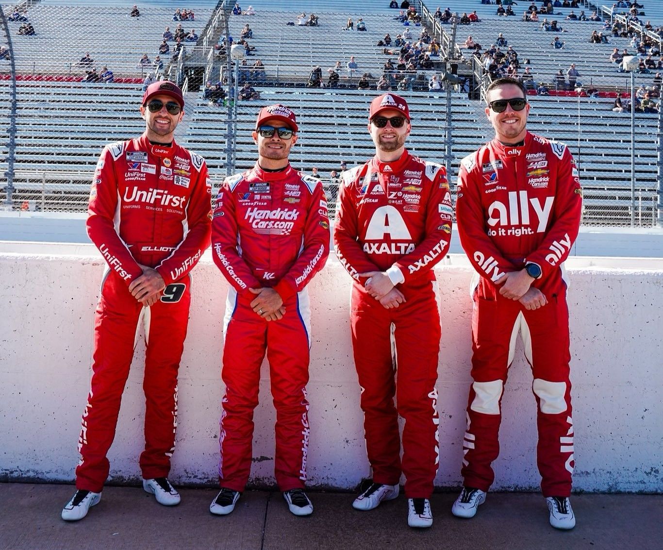 (L-R) NASCAR Cup Series drivers Chase Elliott, Kyle Larson, William Byron and Alex Bowman ahead of Hendrick Motorsports