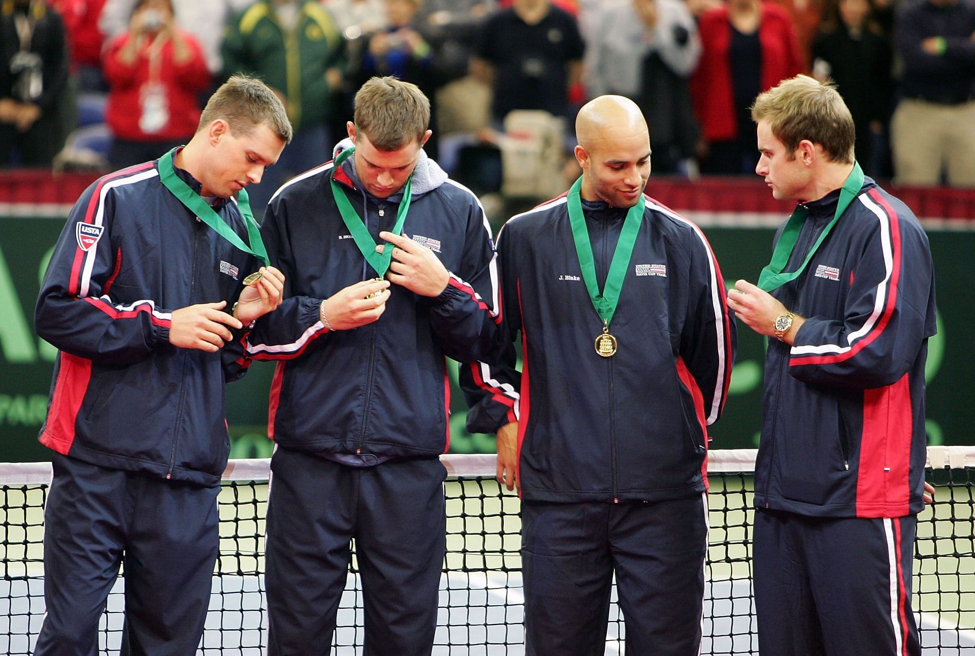 Mike Bryan, Bob Bryan, James Blake, and Andy Roddick (from left to right) after winning the 2007 Davis Cup