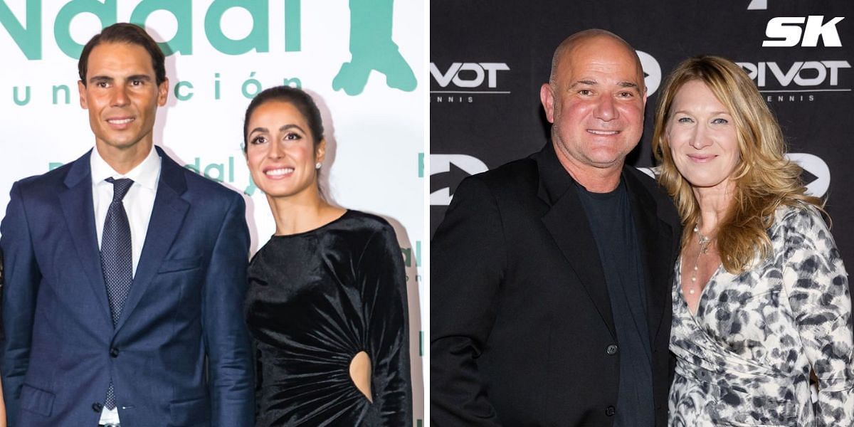 Rafael Nadal and wife Maria Francisca Perello (L), Andre Agassi and Steffi Graf (R)