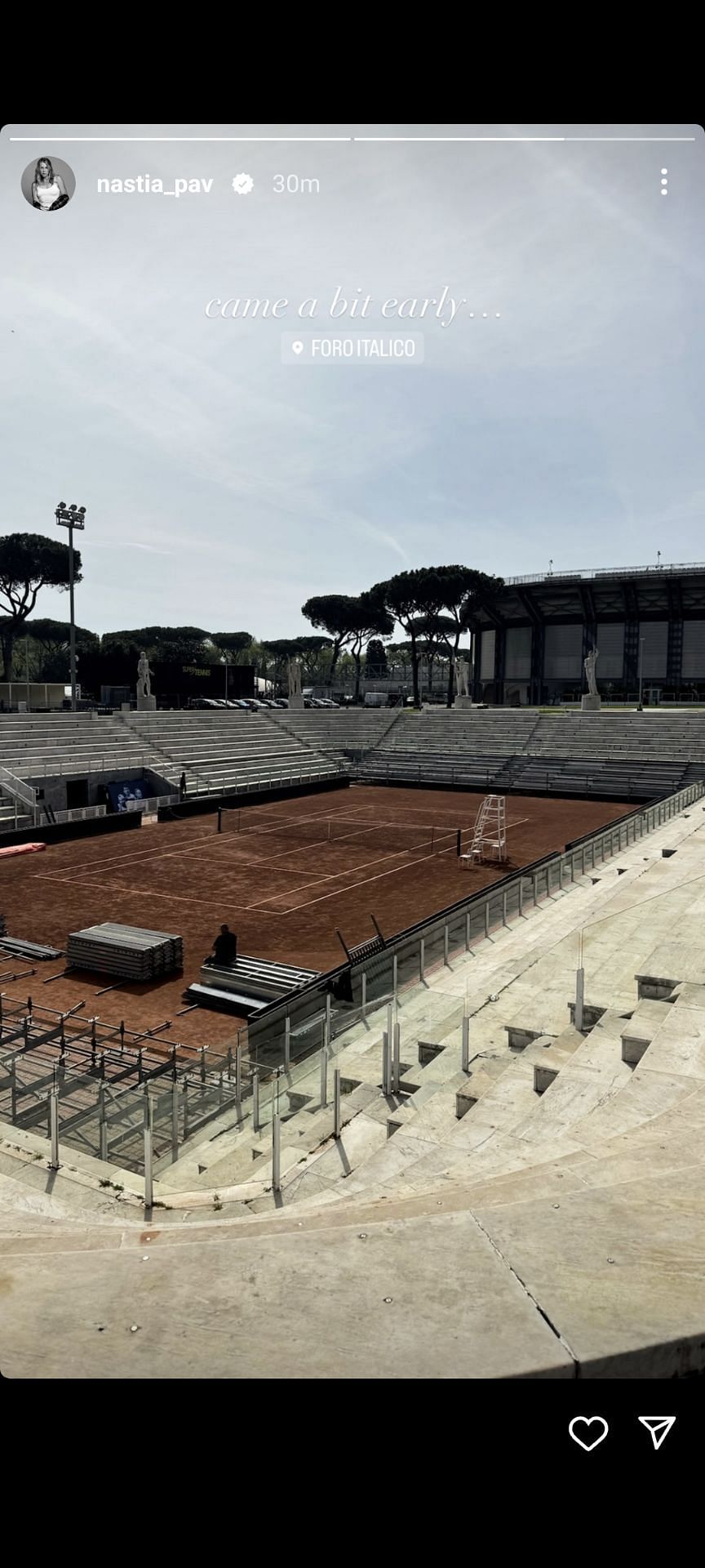 Anastasia Pavlyuchenkova&#039;s Instagram post featuring an empty clay court at the Foro Italico