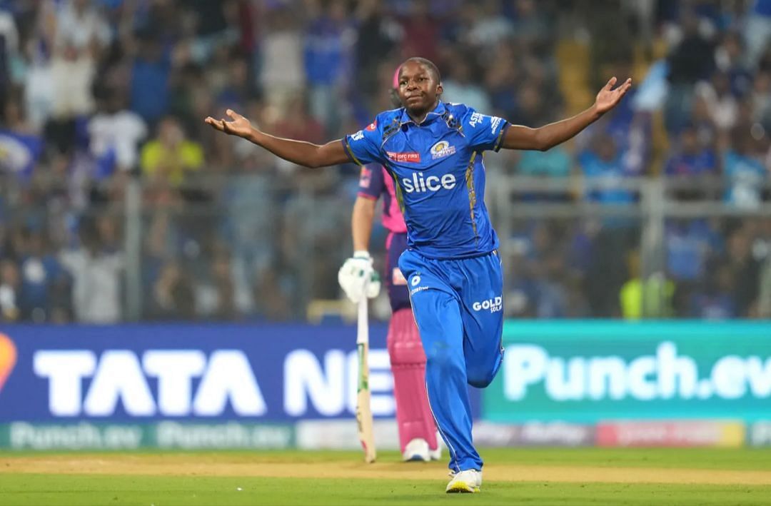 Kwena Maphaka after taking a wicket for MI vs RR