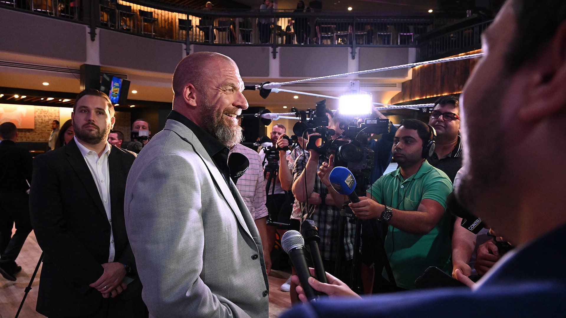WWE Chief Content Officer Triple H speaks to the media at talent tryouts in Nashville, TN