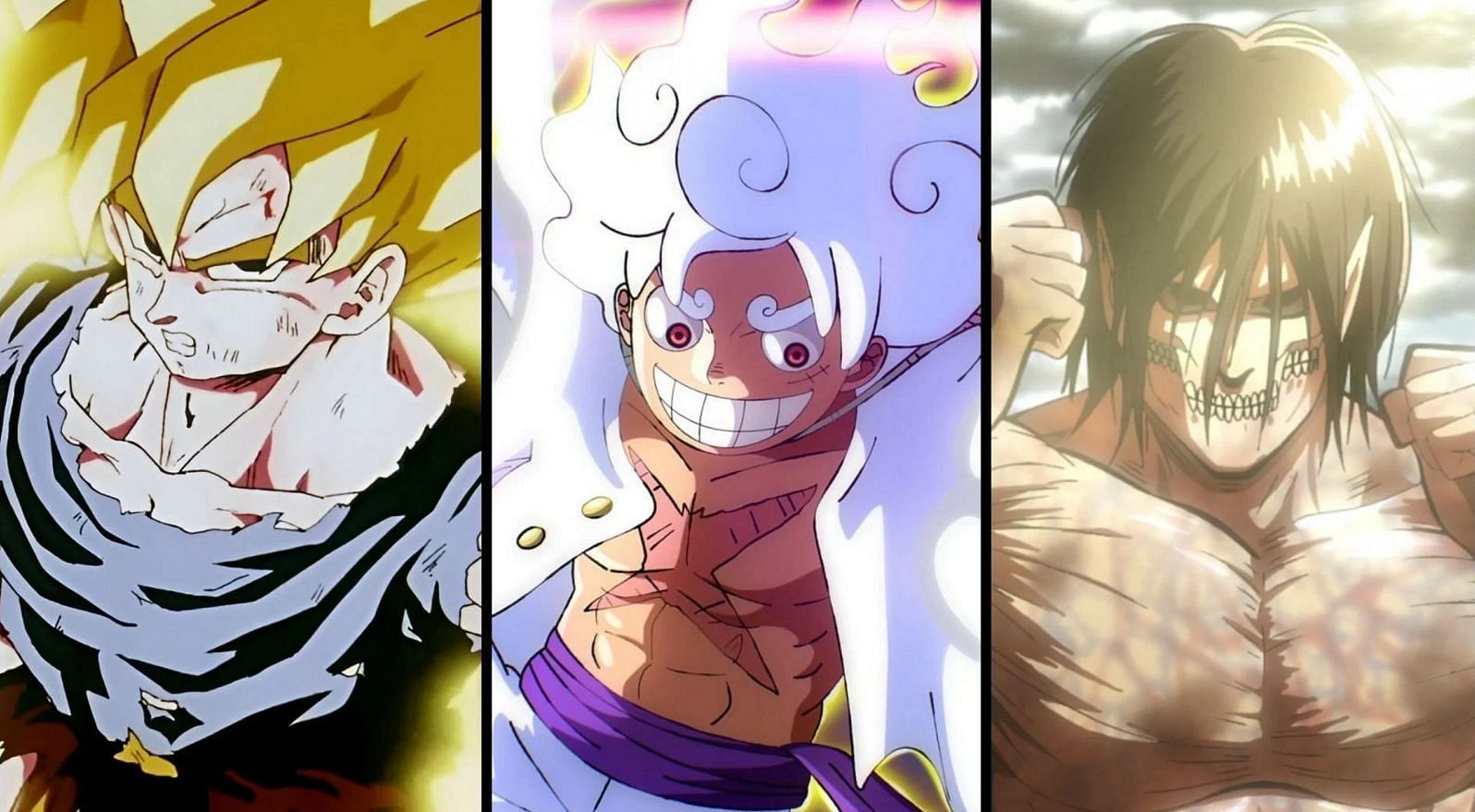 Goku, Luffy, and Eren as seen in their anime (Image via Toei Animation, WIT Studio)