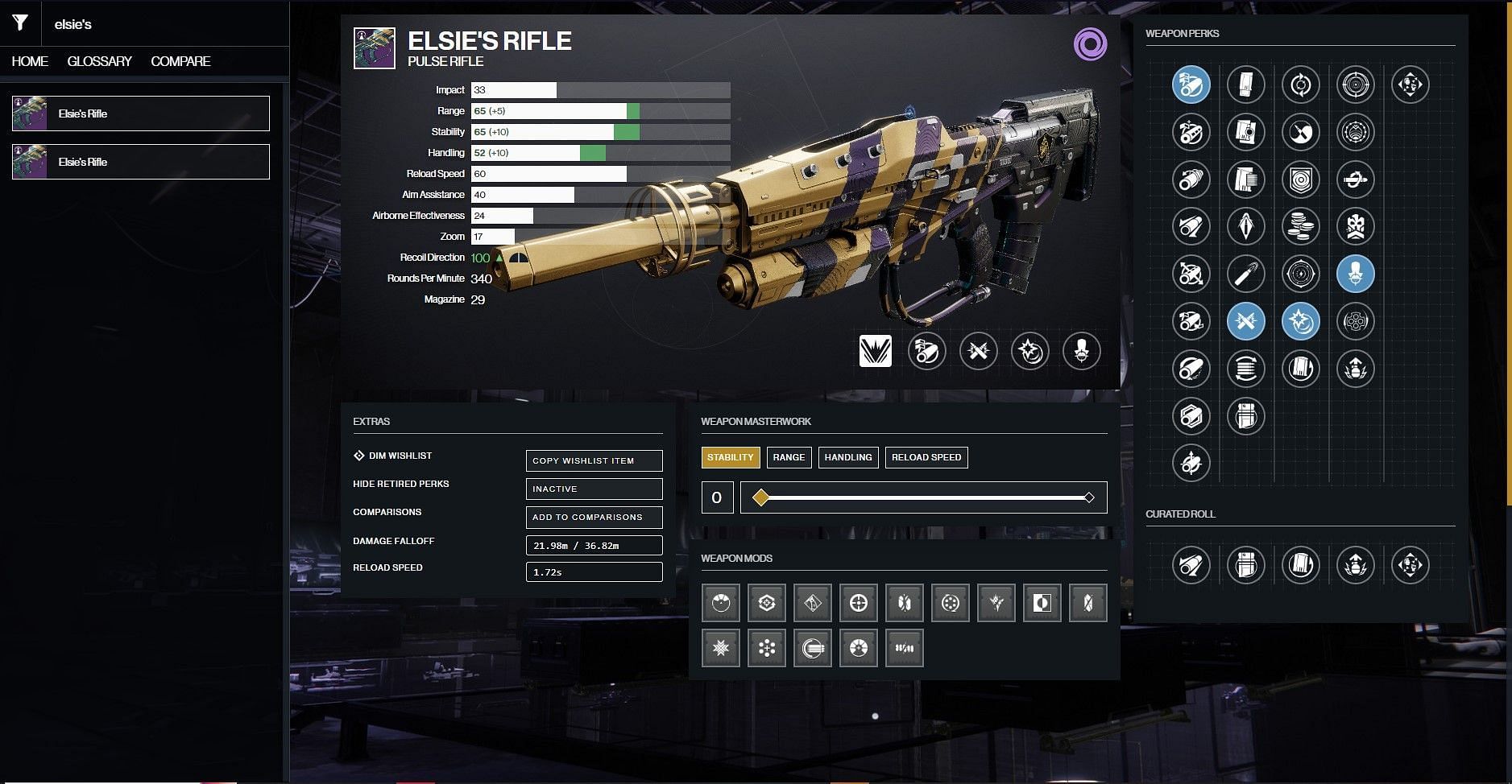 Elsie&#039;s Rifle god roll for Destiny 2 PvP (Image via D2Gunsmith)