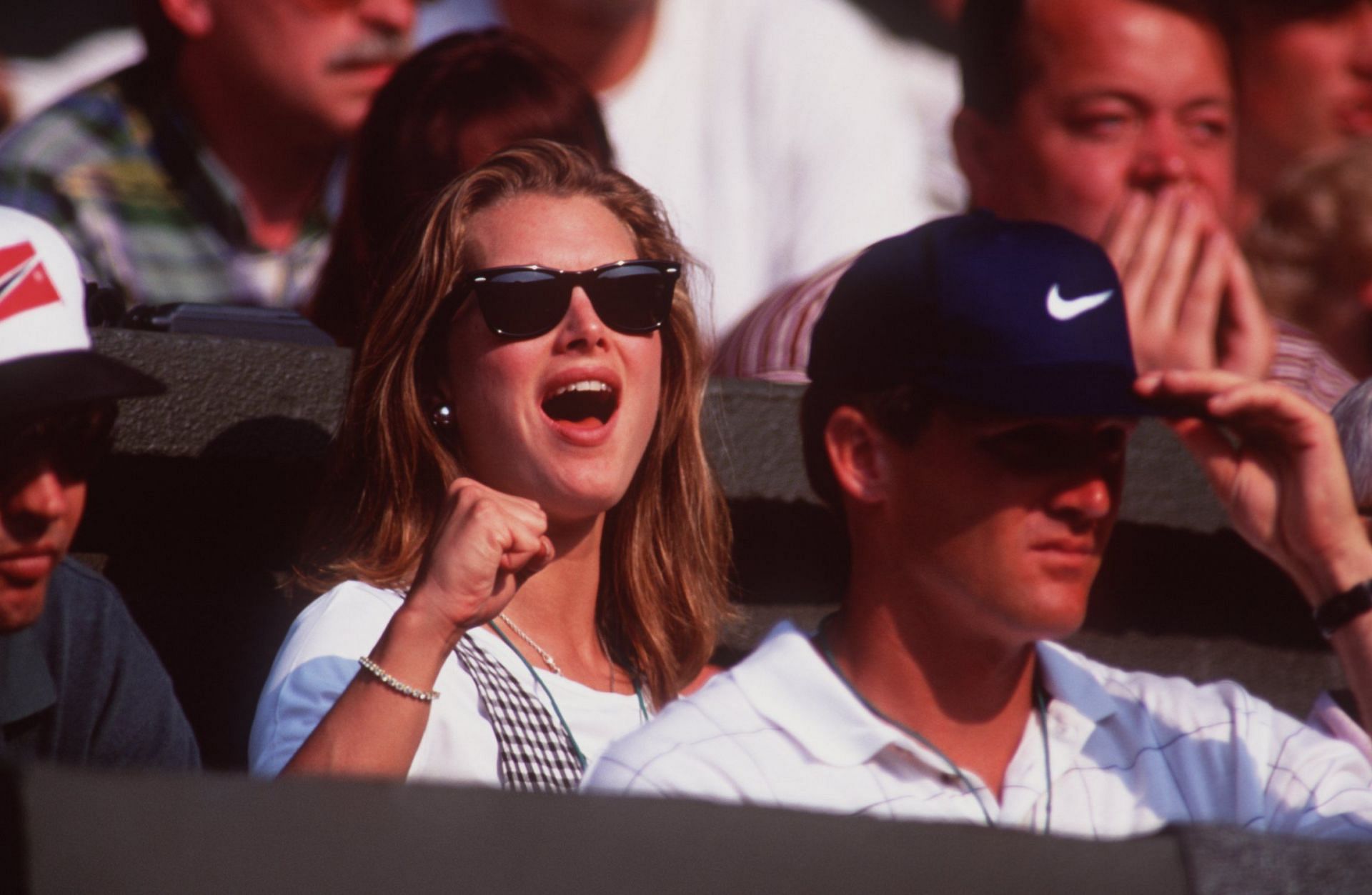 Brooke Shields pictured cheering Andre Agassi on during the 1995 Wimbledon Championships