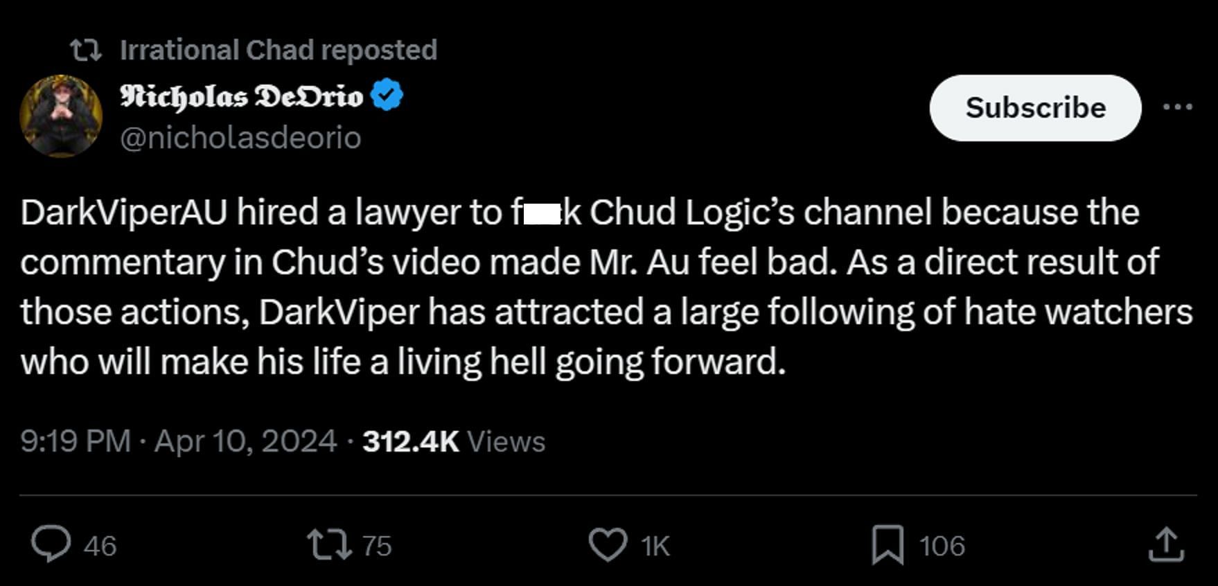 Matthew hired a lawyer to take down Chud Logic&#039;s videos (Image via X)