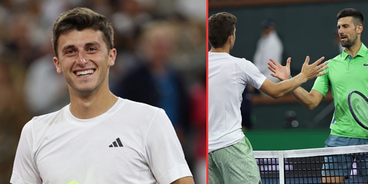 Luca Nardi (L) and Nardi with Djokovic at the 2024 Indian Wells Masters (R)