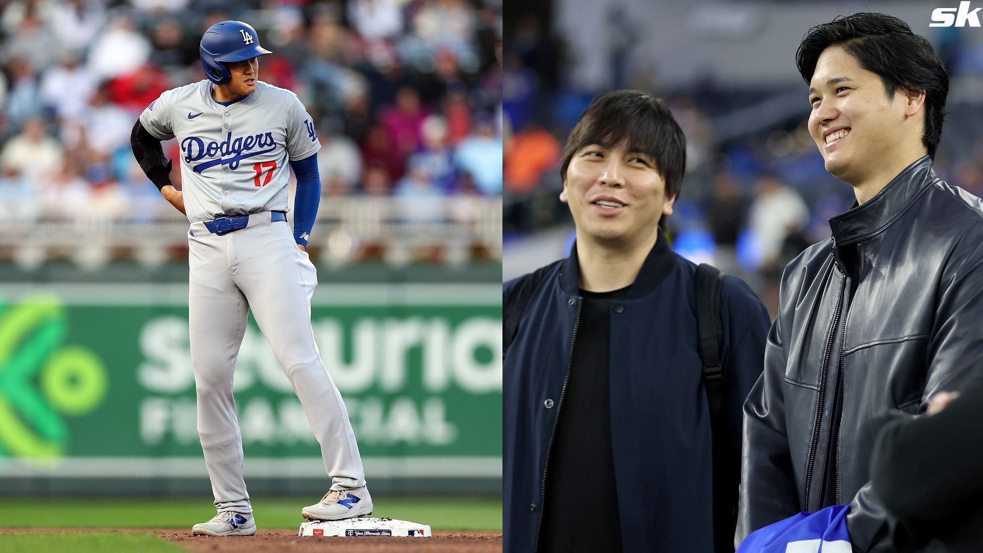 Shohei Ohtani of the Los Angeles Dodgers talks with his interpreter Ippei Mizuhara prior to the game between the New Orleans Saints and the Los Angeles Rams at SoFi Stadium