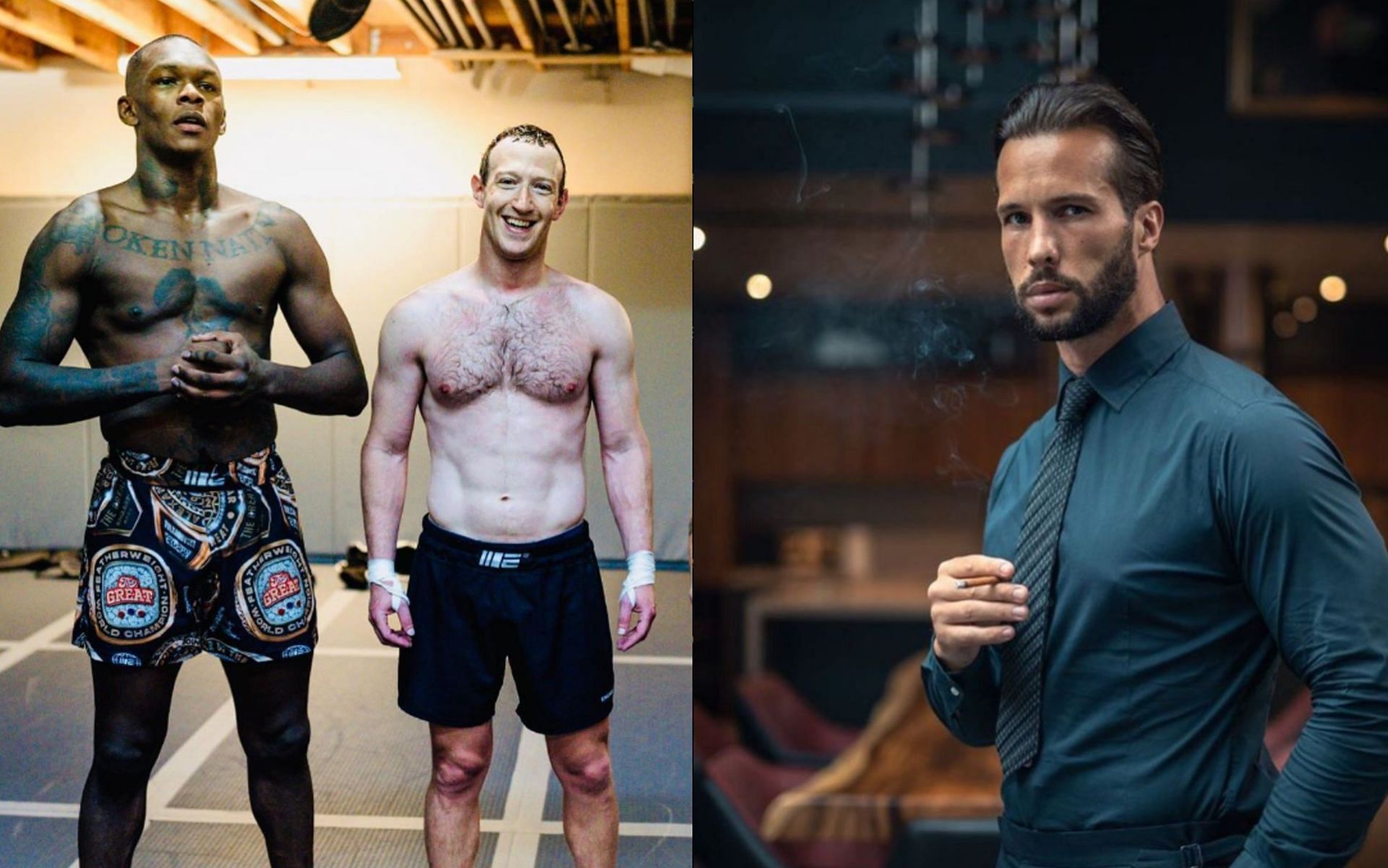 Tristan Tate (right) commends Mark Zuckerberg (middle) for fitness journey and martial arts interest [Images via @zuck and @tristantateuncensored on Instagram]