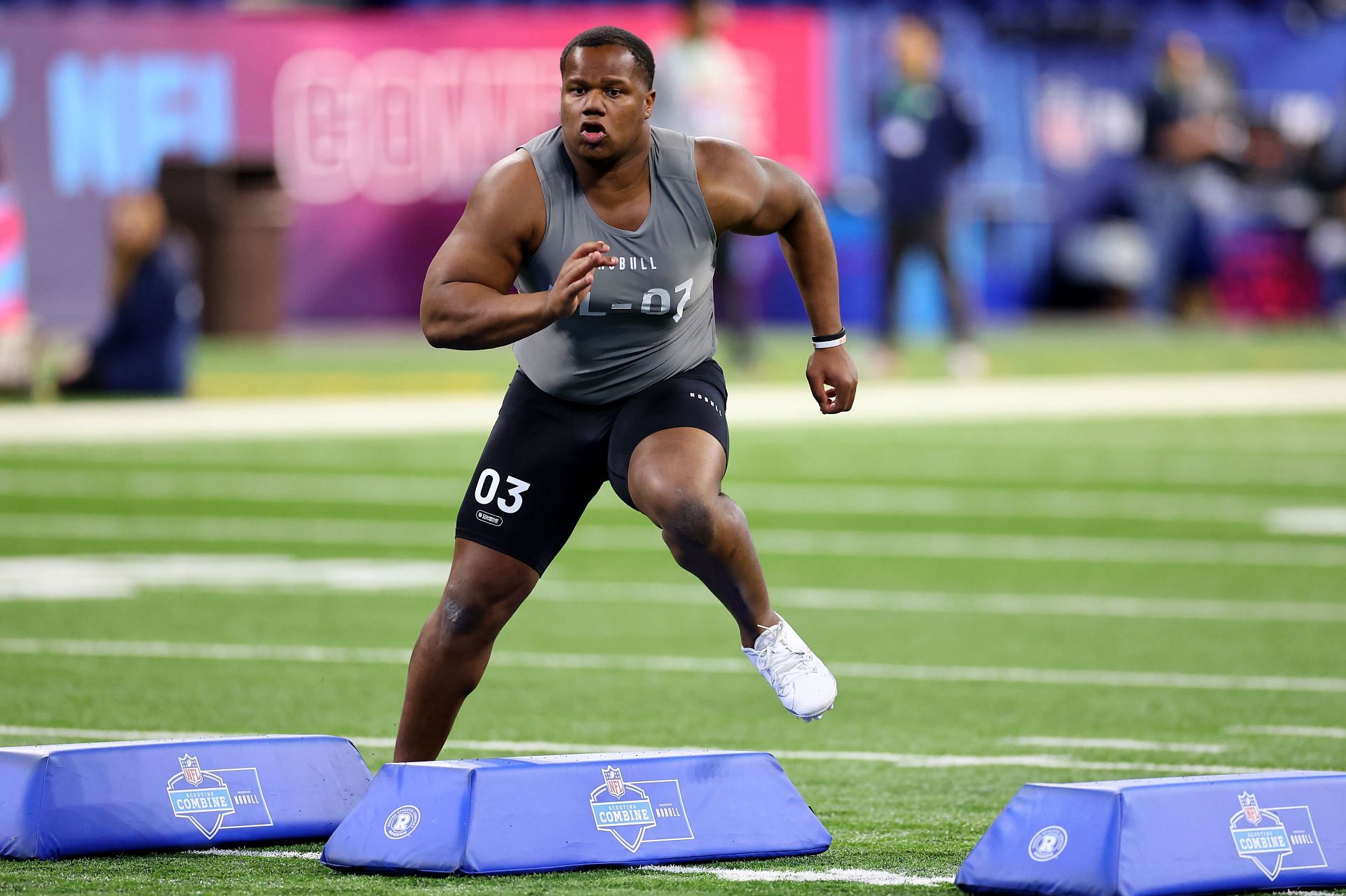 Tyler Davis #DL03 of Clemson participates in a drill during the NFL Combine