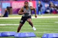 Tyler Davis #DL03 of Clemson participates in a drill during the NFL Combine