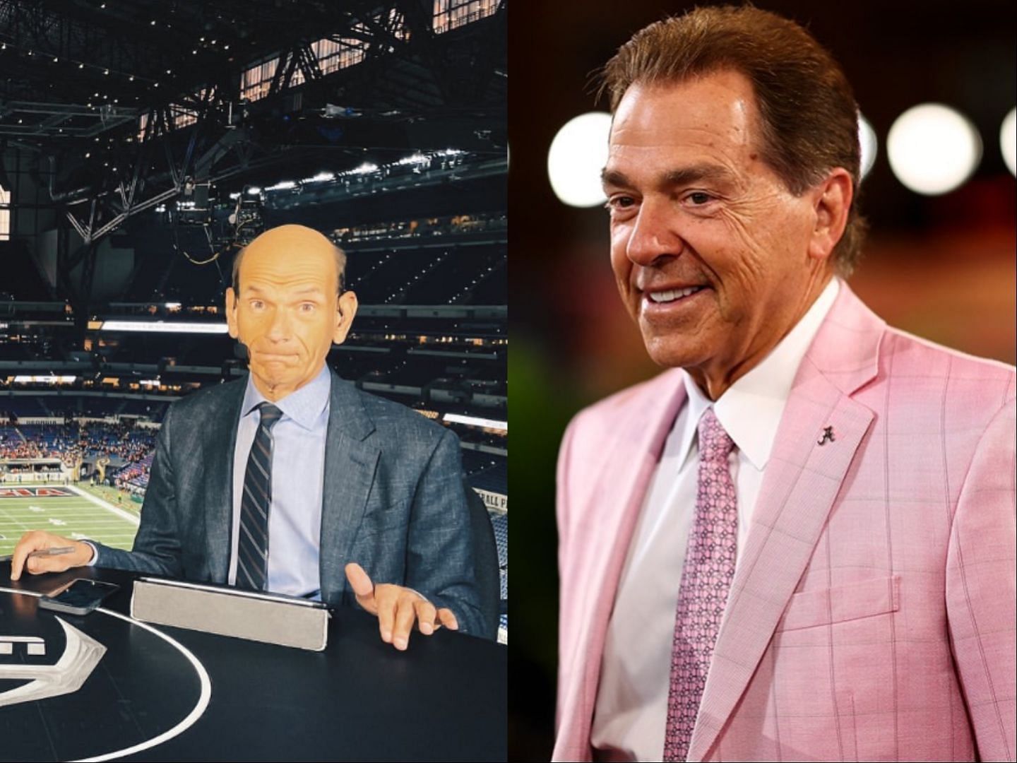 Paul Finebaum and Nick Saban collage