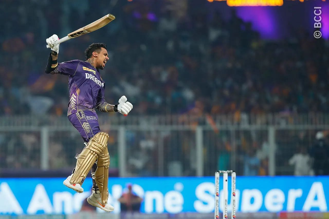 Sunil Narine celebrating his 100 against RR on Tuesday. (PC: BCCI)