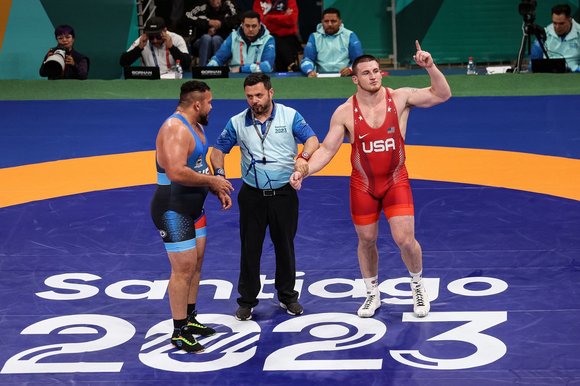 Mason Parris of Team USA celebrates the victory against Jose Diaz of Team Venezuela during Wrestling - Men&rsquo;s Freestyle 125Kg Final at Centro de Entrenamiento Olimpico on Day 12 of Santiago 2023 Pan Am Games on November 01, 2023 in Santiago, Chile. (Photo by Ezra Shaw/Getty Images)