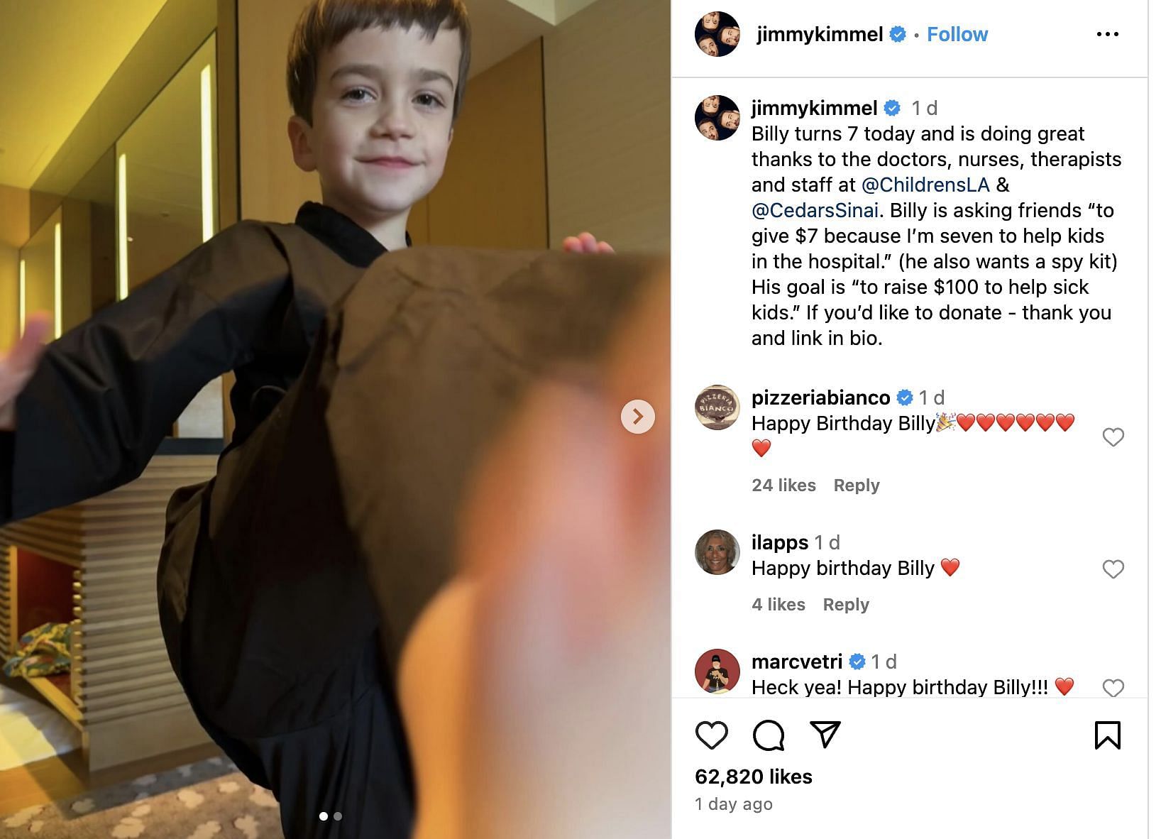 Kimmel posted a birthday wish for his son, Billy, thanking the doctors who performed heart surgery on him. (Image via @JimmyKimmel/ Instagram)