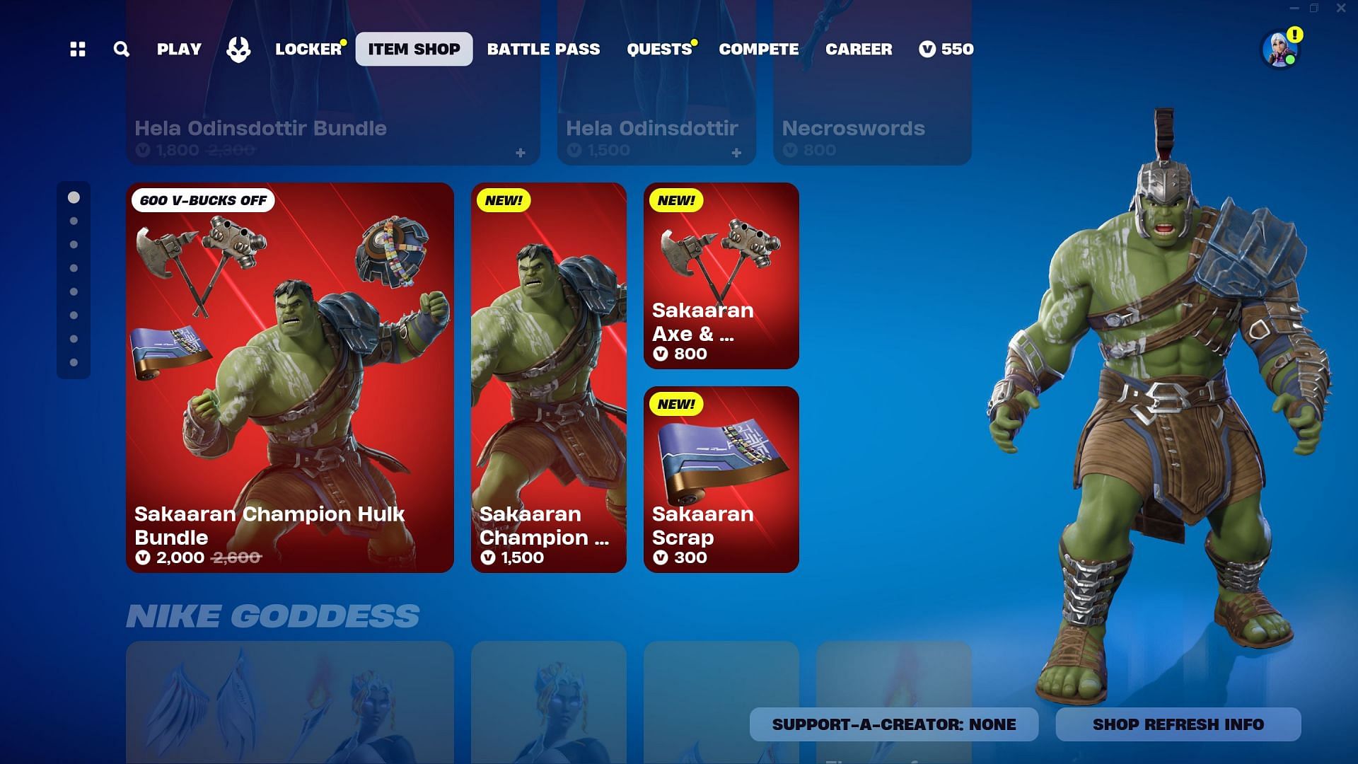 Sakaaran Champion Hulk skin is currently listed in the Item Shop (Image via Epic Games/Fortnite)