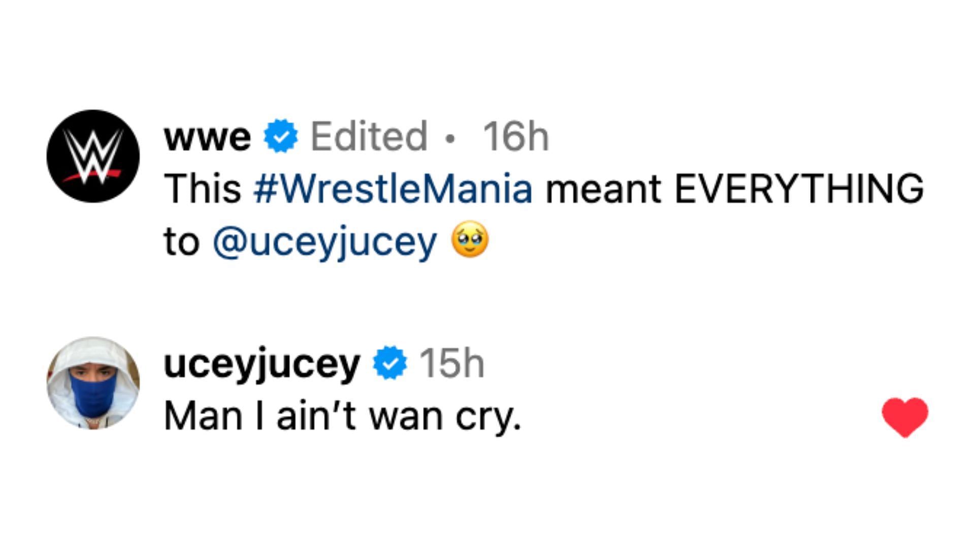 Uso&#039;s left this message on WWE&#039;s Instagram post.