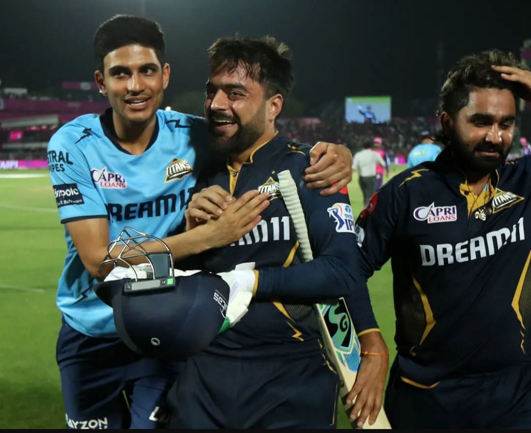 Rashid Khan, Shubman Gill and Rahul Tewatia after the match vs RR