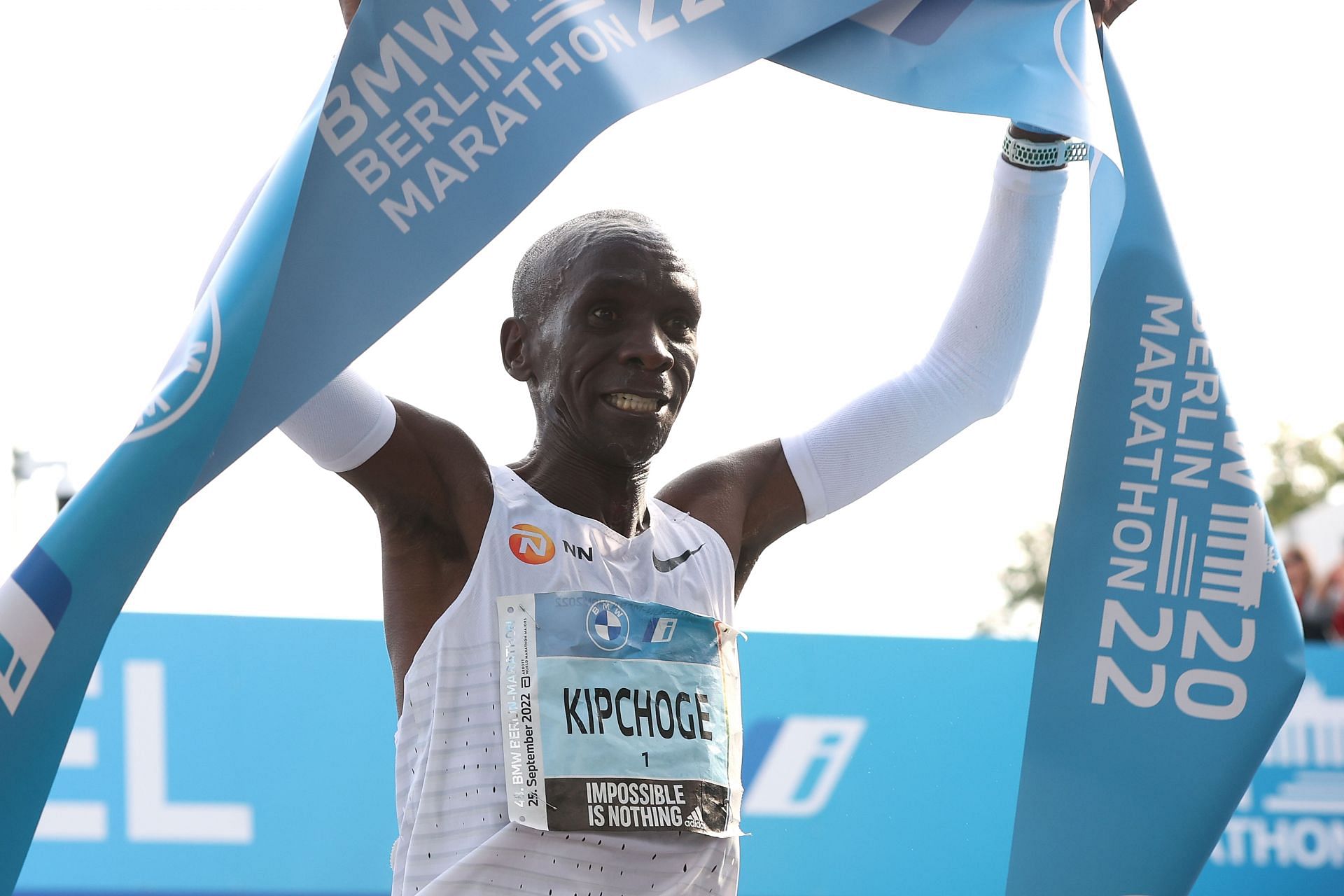 Eliud Kipchoge celebrates winning the 2022 BMW Berlin-Marathon in a new Word Record Time of 2:01:09 in Berlin, Germany.