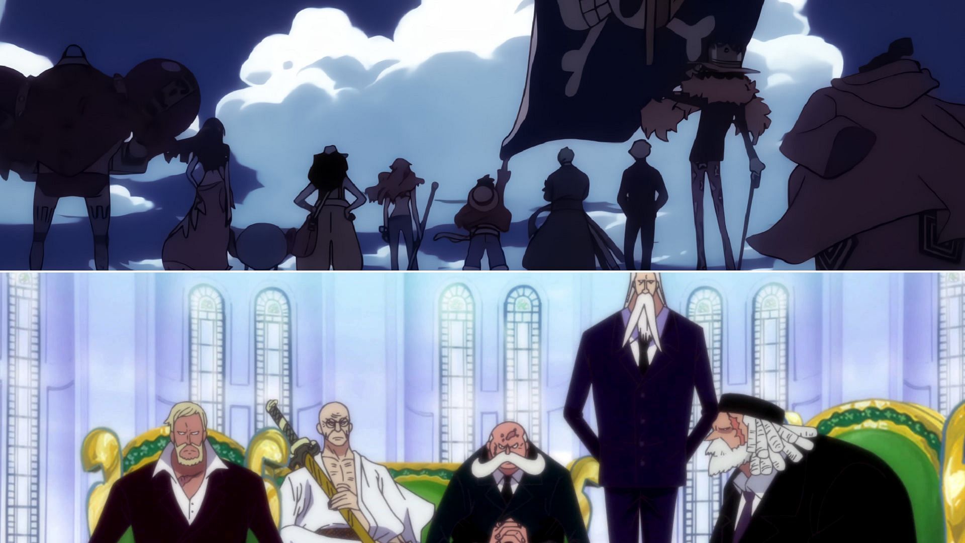 The Straw Hat Pirates, above, and the Five Elders, below (Image via Toei Animation)