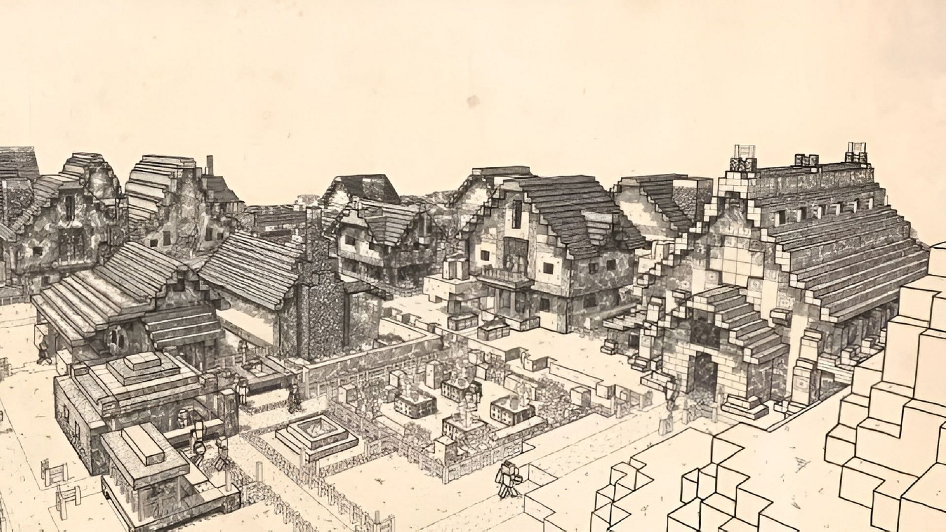 A medieval town sketch in the official Minecraft book &quot;Exploded Builds: Medieval Fortress&quot; (Image via Mojang)