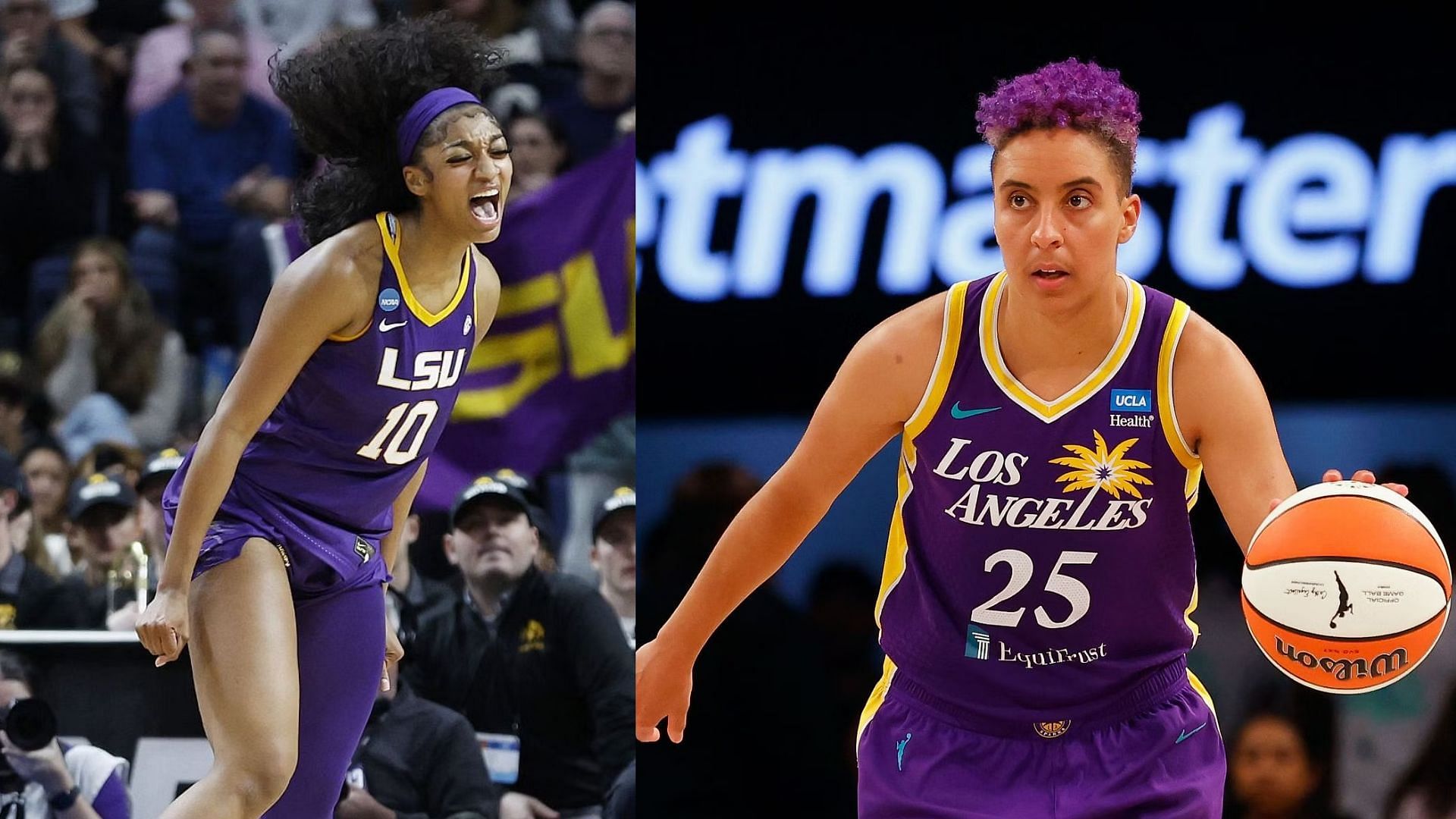 LSU Tigers forward Angel Reese (right) and LA Sparks guard Layshia Clarendon (left)