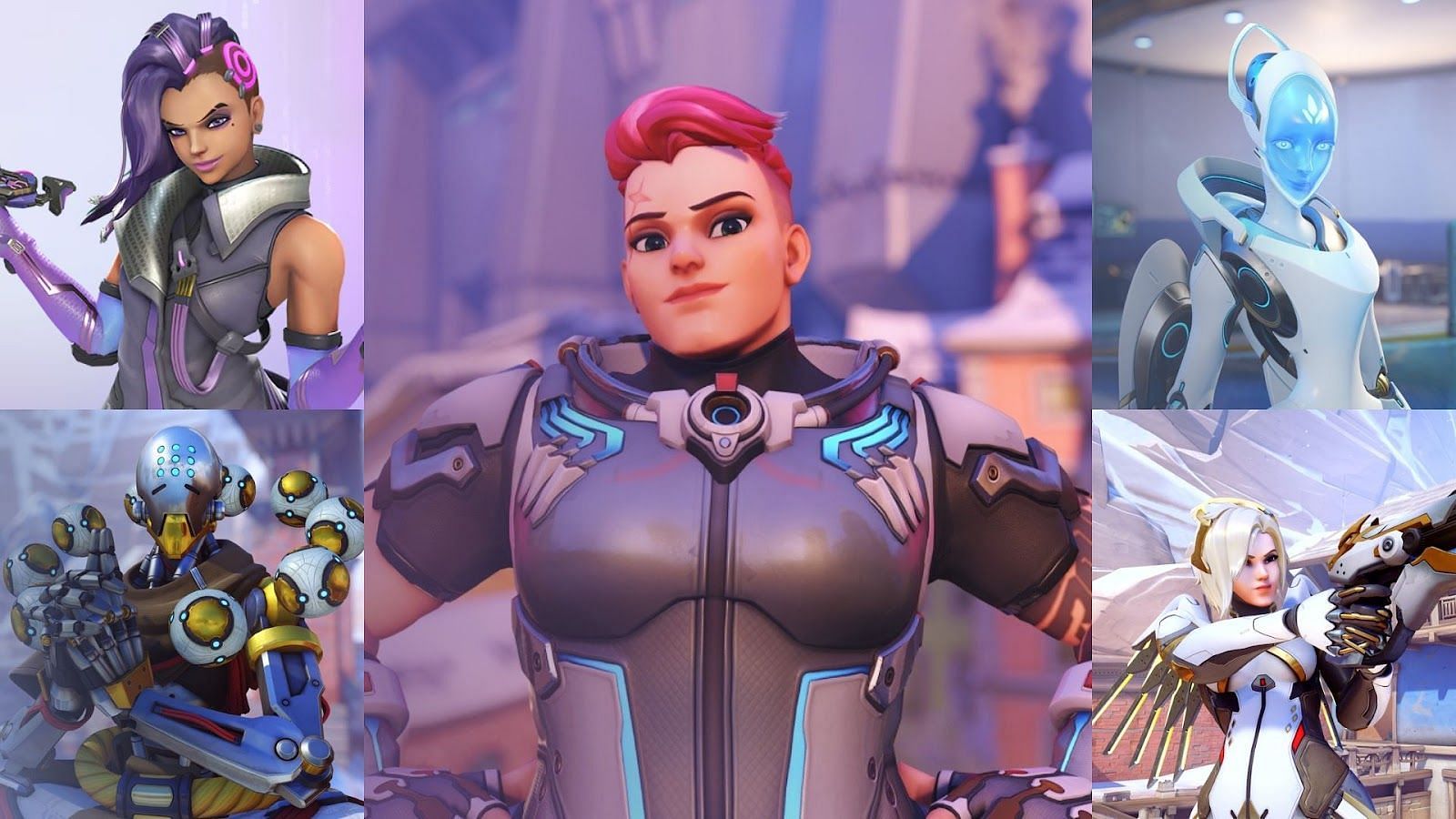 A team featuring Zarya, Sombra, Echo, Mercy, and Zenyatta (Image via Blizzard Entertainment)