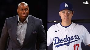 PHOTO: Shohei Ohtani strikes a pose with NBA icon Magic Johnson at Dodger Stadium