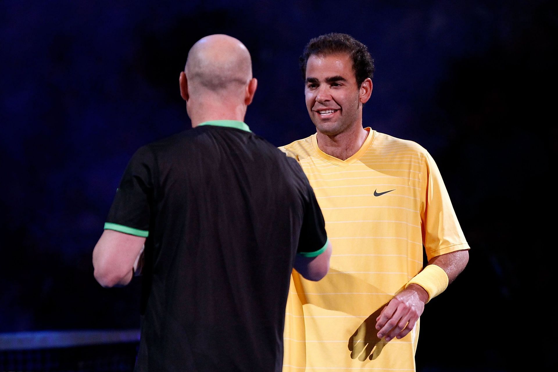 Andre Agassi (L) and Pete Sampras pictured at the 2011 BNP Paribas Showdown