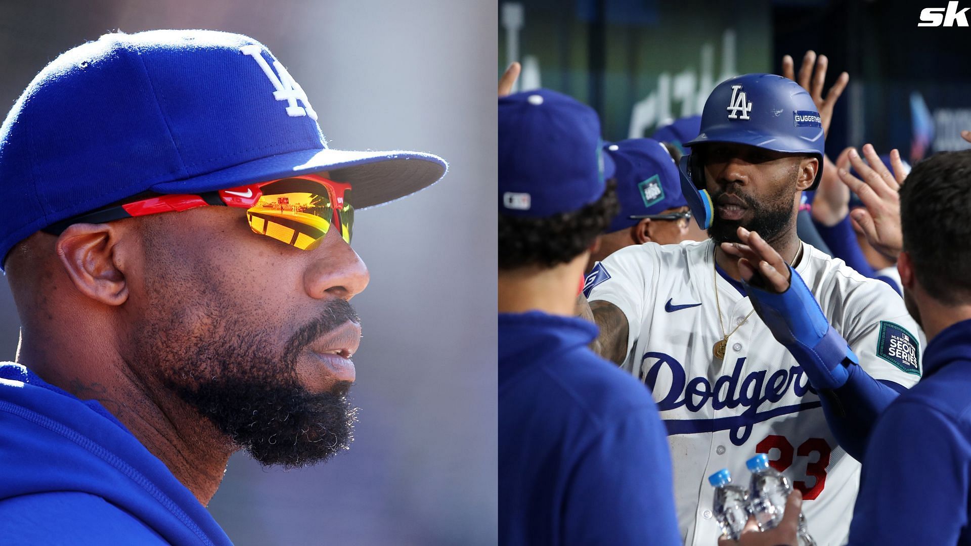 Jason Heyward of the Los Angeles Dodgers looks on against the Chicago Cubs at Wrigley Field