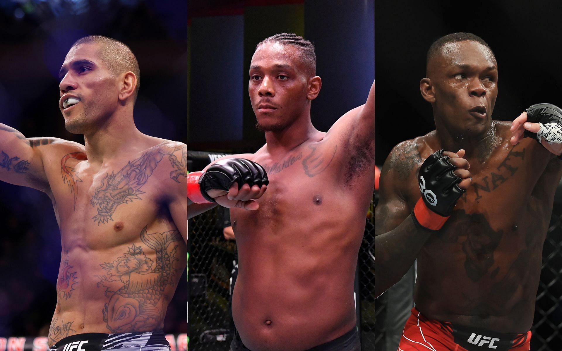 Alex Pereira (left) has taken aim at Jamahal Hill (middle) over his recent interaction with Israel Adesanya (right) [Images courtesy: Getty Images]