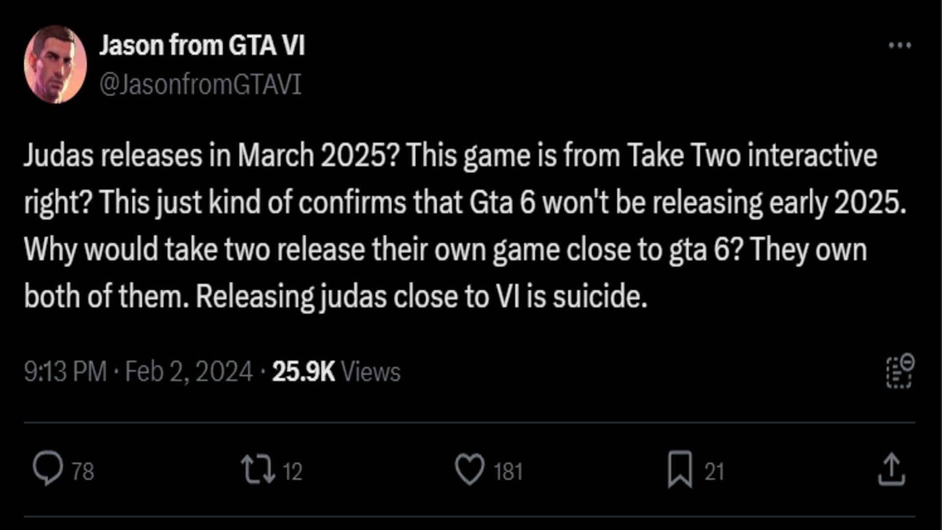 One of the rumors behind the release date of the game (Image via X/@JasonfromGTAVI)
