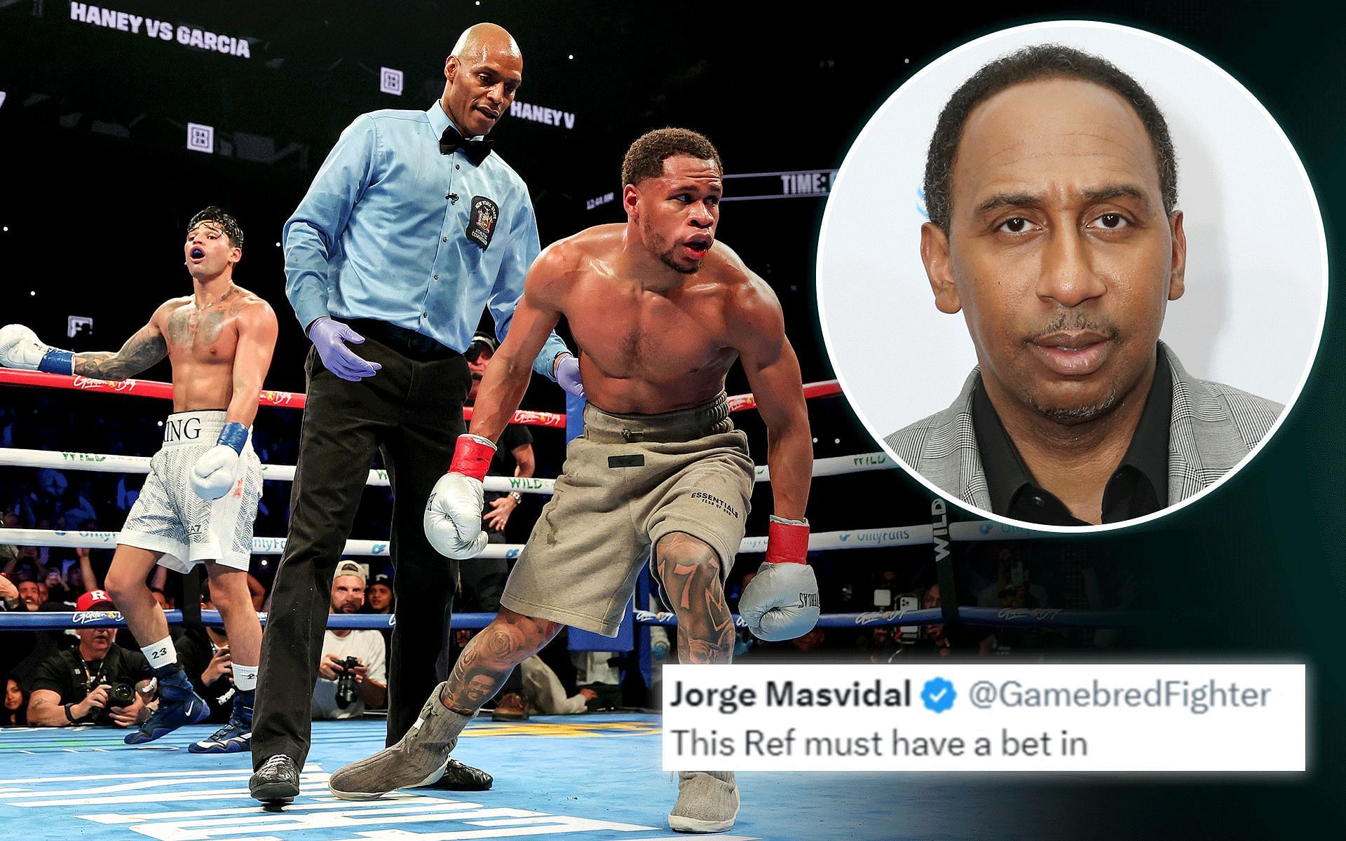 Ryan Garcia (left) vs. Devin Haney (second to right) officiating earns Stephen A. Smith