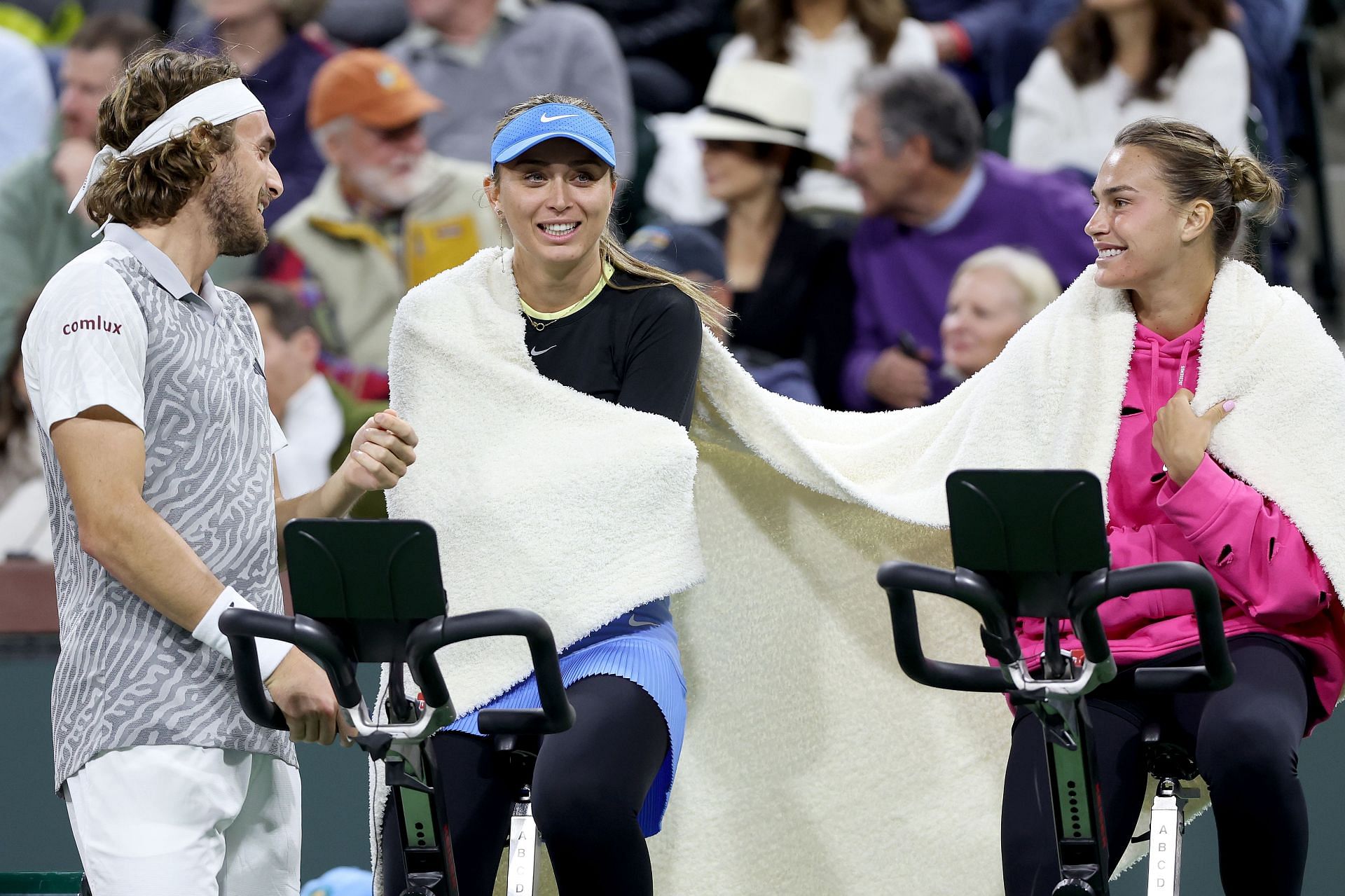 Stefanos Tsitsipas and Paula Badosa pictured with Aryna Sabalenka at 2024 Indian Wells Open