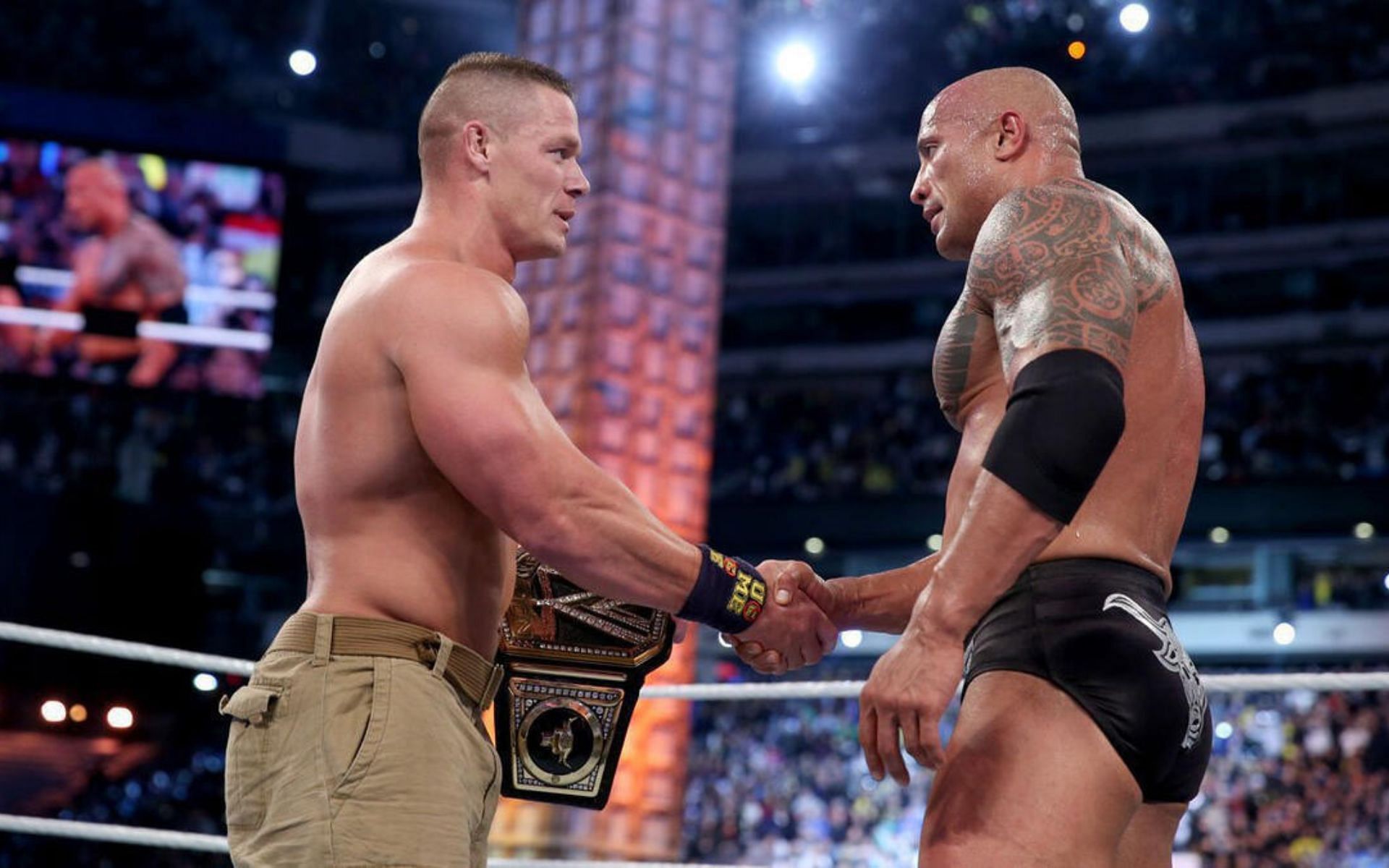 John Cena defeats The Rock for the WWE Championship at WrestleMania 29.