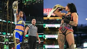 Bayley and Rhea Ripley pose together with their championships after WrestleMania 40