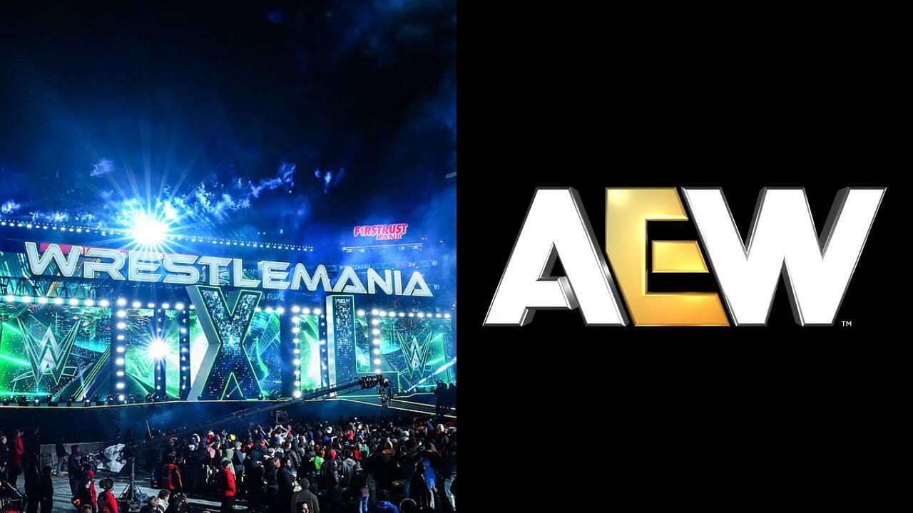 WrestleMania 40 arena (left) and AEW logo (right)