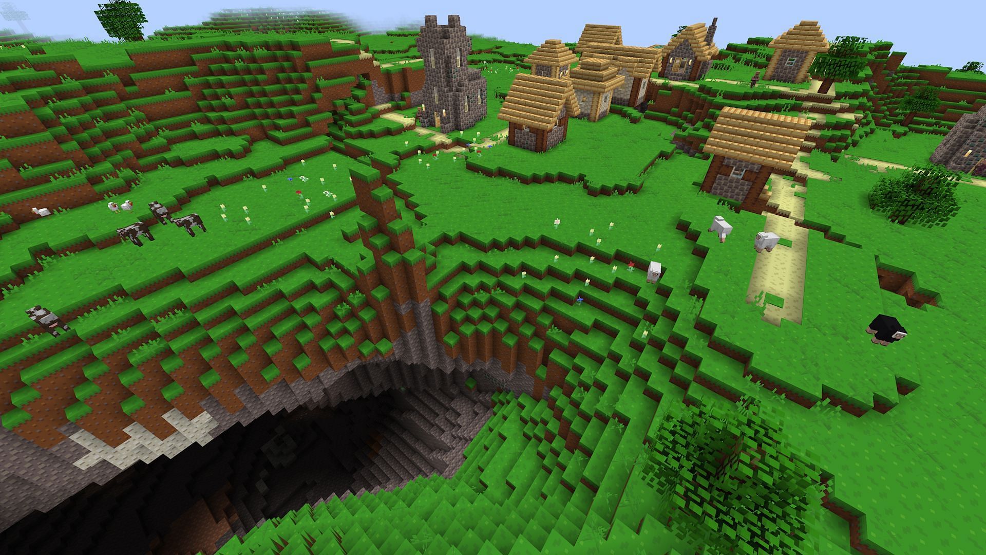 A village and cave as seen with the Splotch texture pack (Image via Mojang)