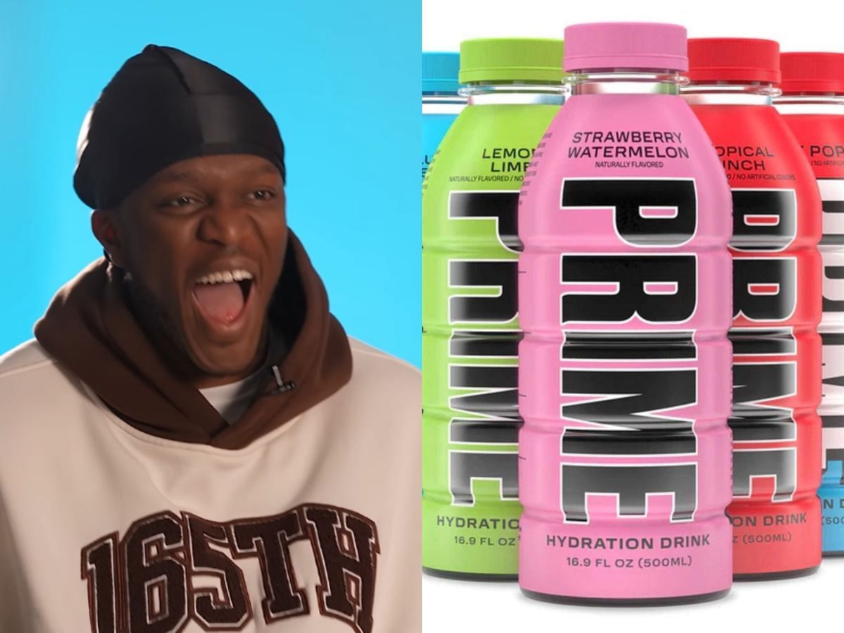 KSI reacts to his prediction about PRIME one year ago (Image via YouTube/Calfreezy and bestpricenutrition.com)