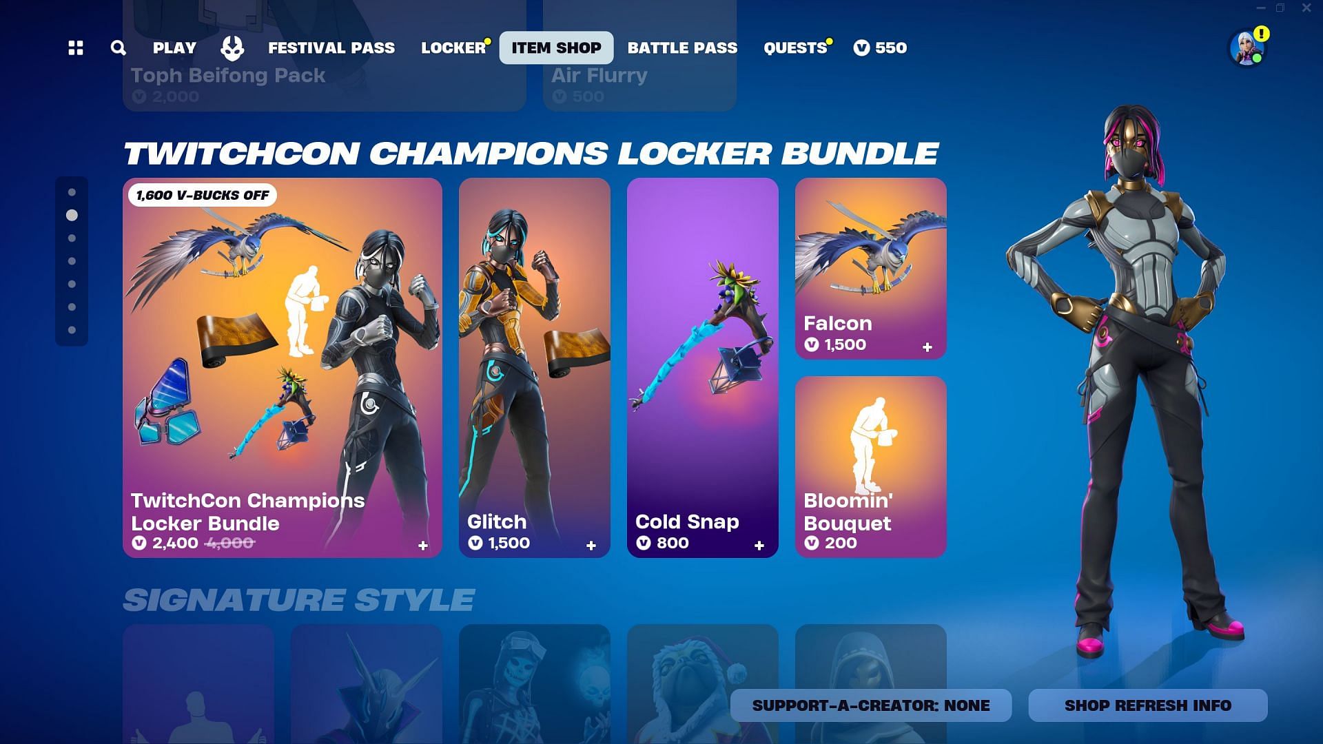 Twitchcon Champions Locker Bundle is currently listed in the Item Shop (Image via Epic Games/Fortnite)