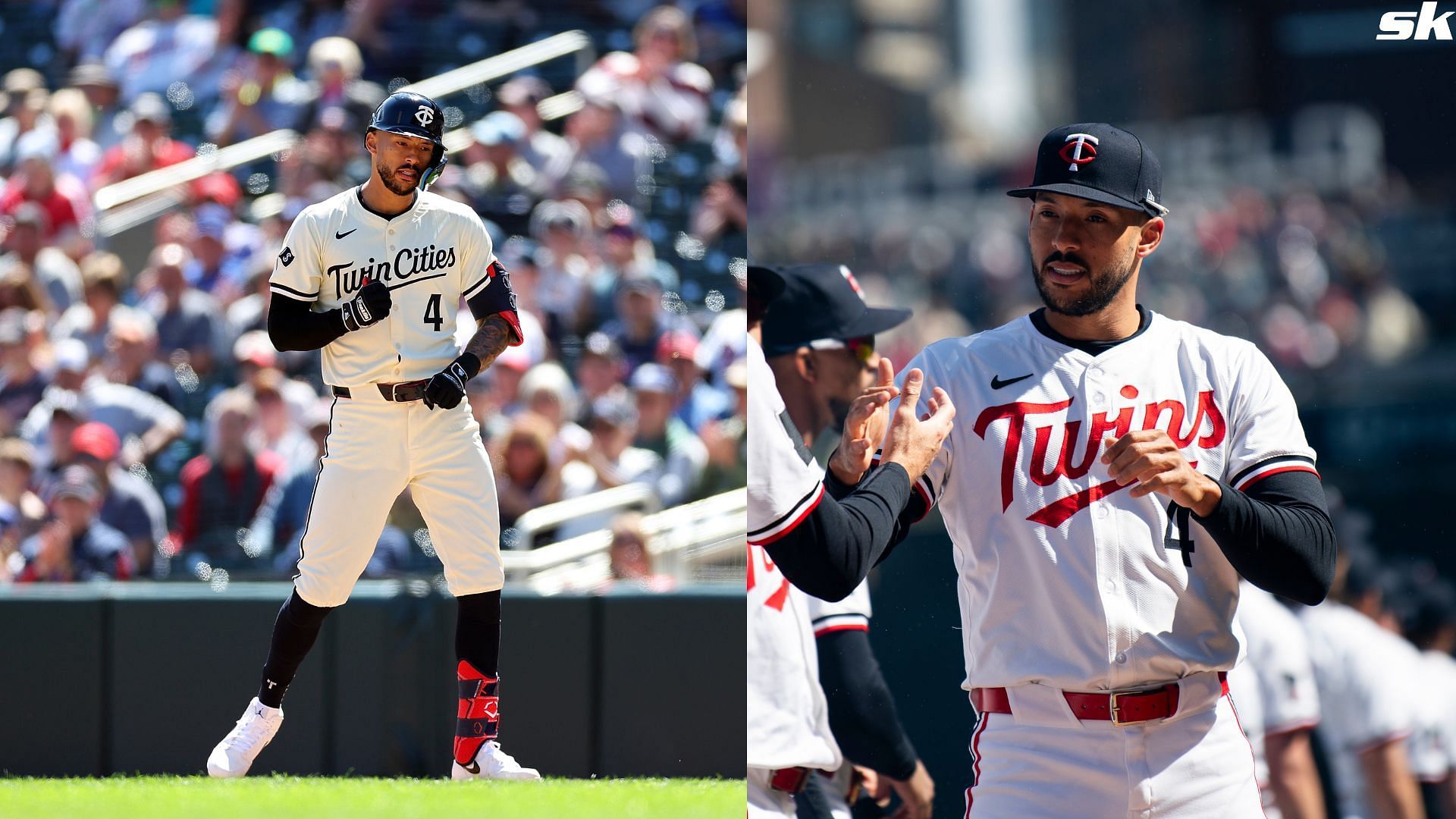 Carlos Correa of the Minnesota Twins celebrates his single against the Los Angeles Dodgers in the third inning at Target Field