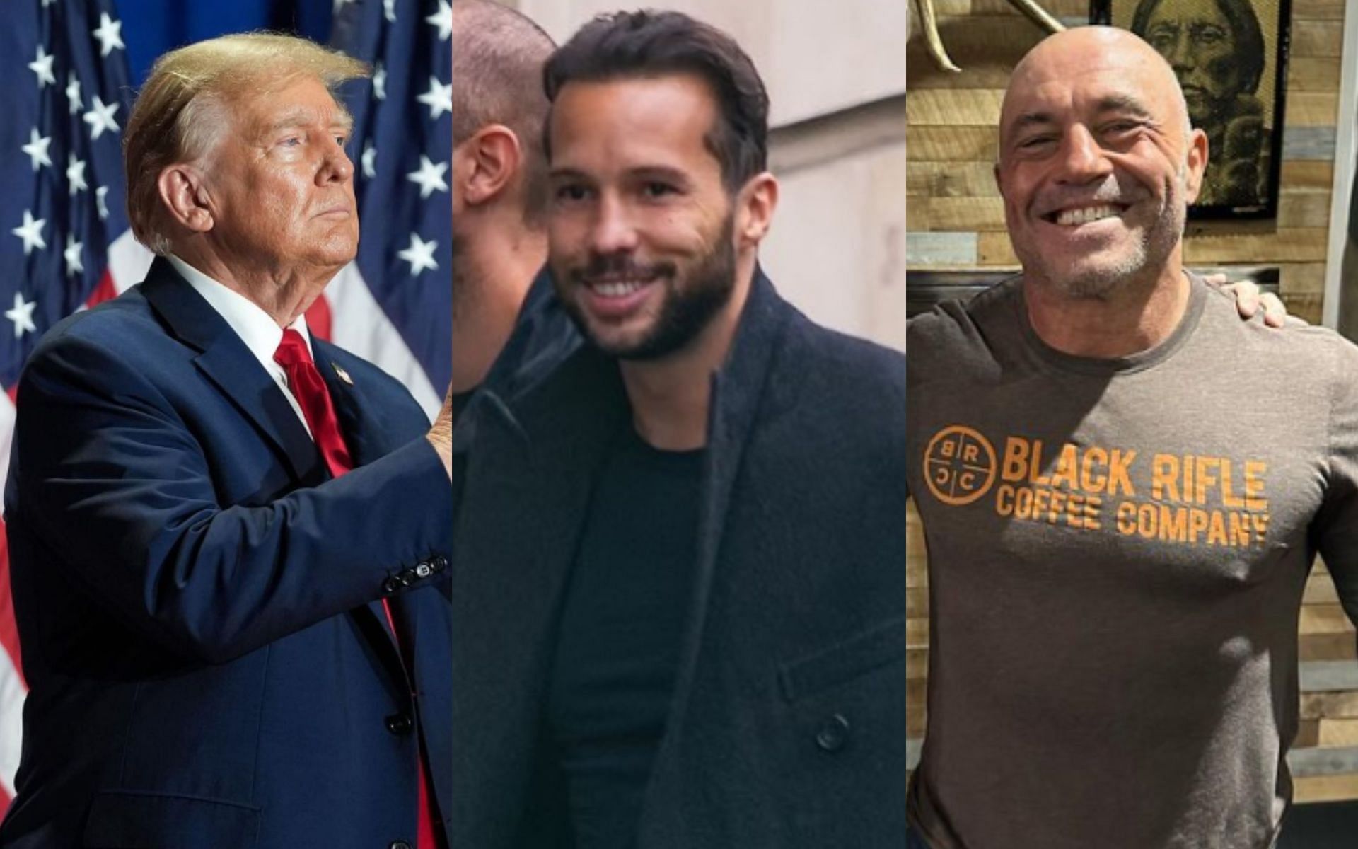 Tristan Tate (M) has praised Donald Trump (L) and Joe Rogan (R) [Images via @TateTheTalisman on X, and @realdonaldtrump and @joerogan on Instagram]