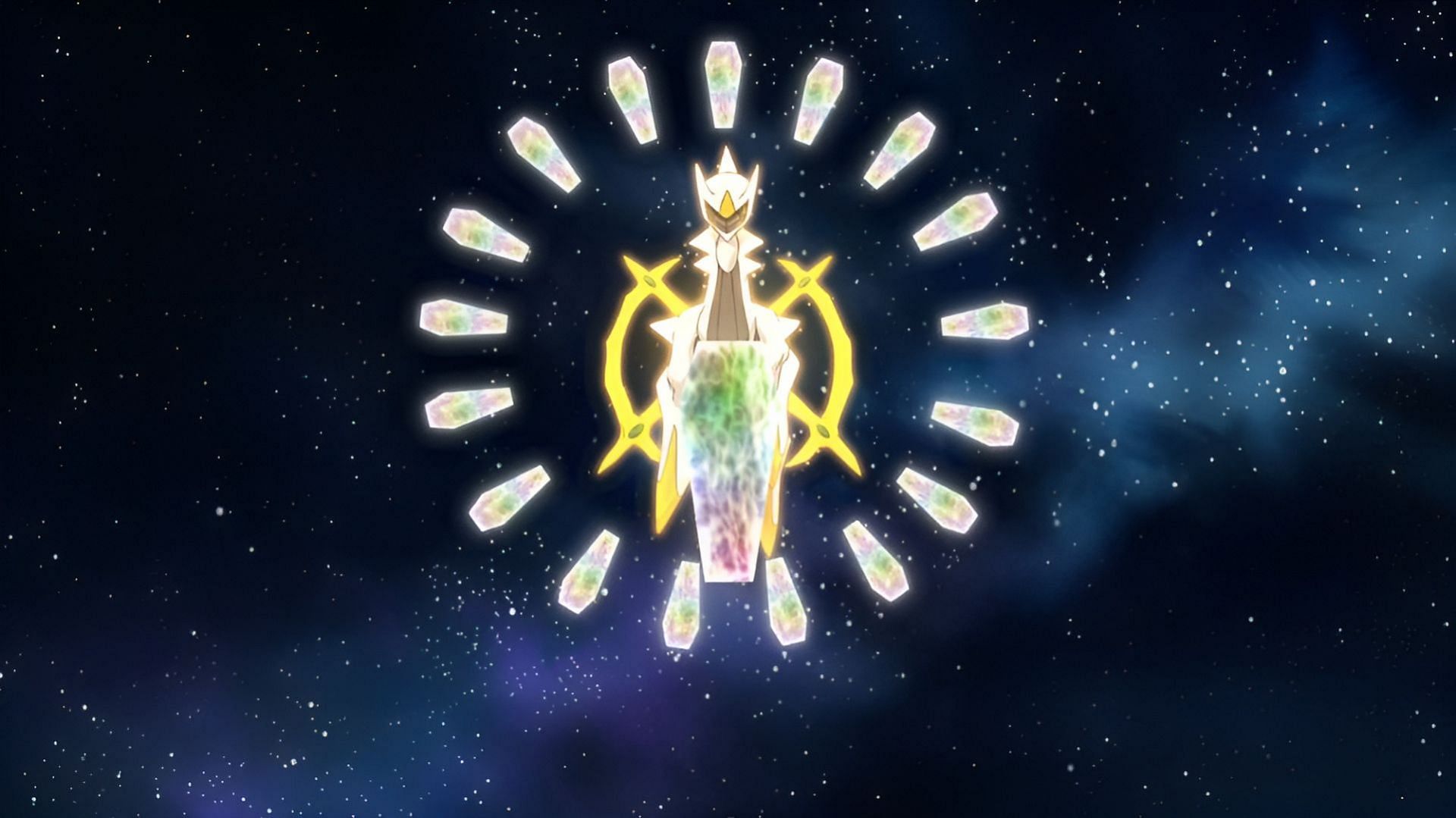 Arceus surrounded by its Plates in the Pokemon anime (Image via The Pokemon Company)