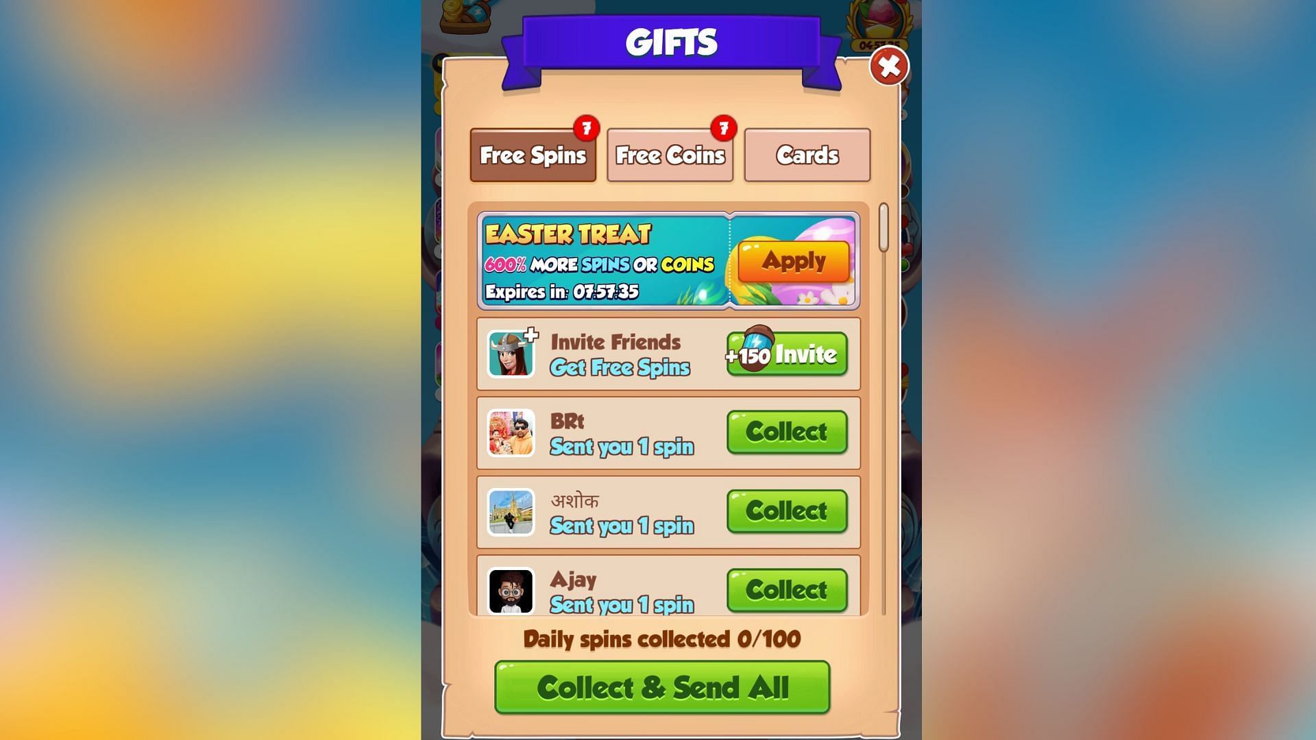 You can claim free Spins every day from your in-game friend list. (Image via Moon Active)