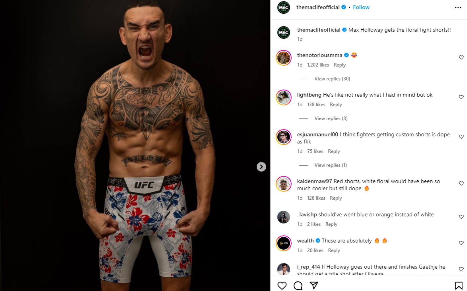 Conor McGregor&#039;s comment (top comment) about Holloway&#039;s floral shorts [Image Courtesy: @themaclifeofficial on Instagram]
