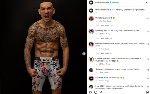 Conor McGregor's comment (top comment) about Holloway's floral shorts [Image Courtesy: @themaclifeofficial on Instagram]