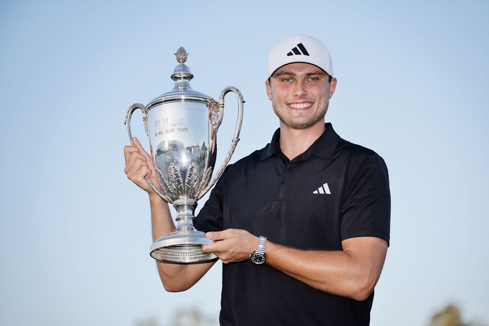 Ludvig Aberg of Sweden poses for a photo with the trophy after winning The RSM Classic 2023 (Photo by Alex Slitz/Getty Images)The RSM Classic - Final Round