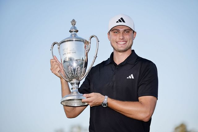 Ludvig Aberg of Sweden poses for a photo with the trophy after winning The RSM Classic 2023 (Photo by Alex Slitz/Getty Images)The RSM Classic - Final Round