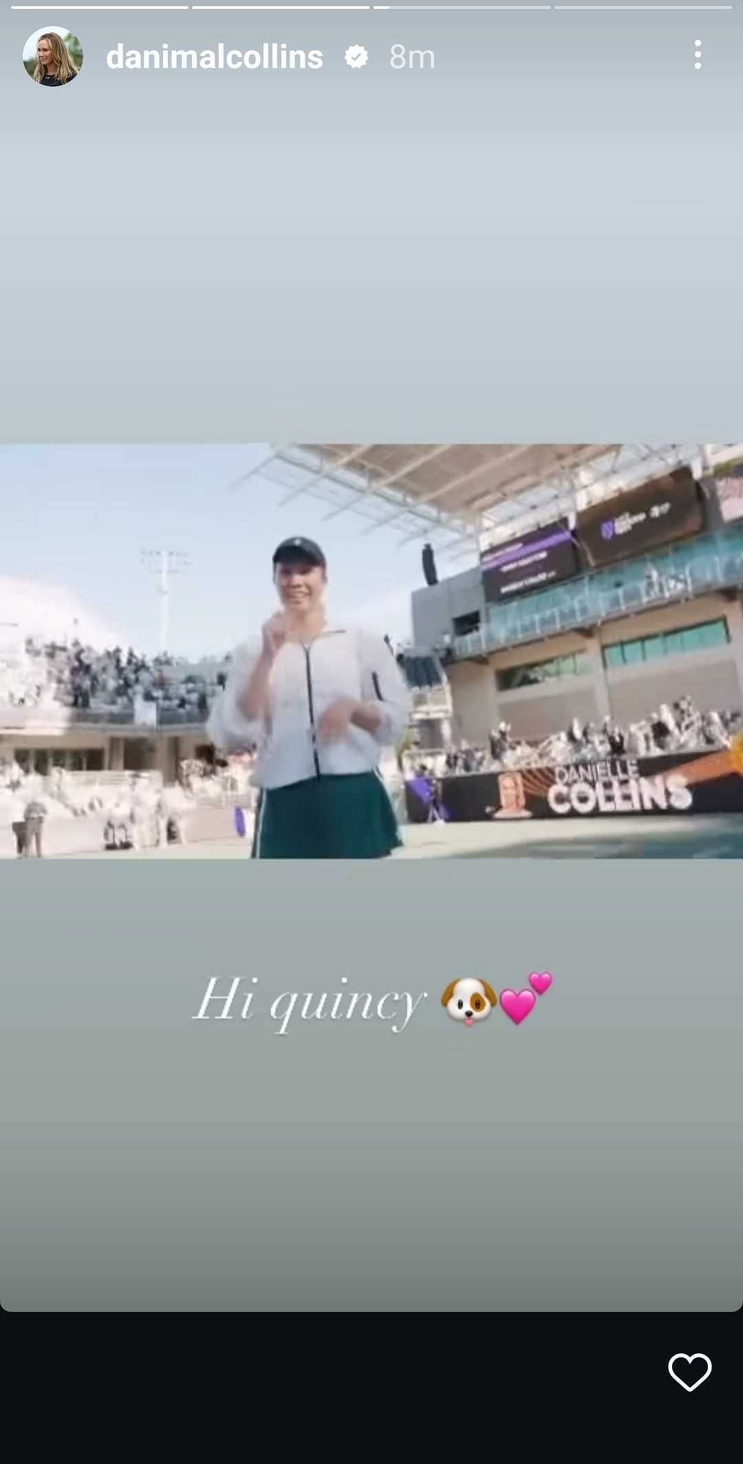 Danielle Collins&#039; Instagram post featuring her saying hi to her pet dog Quincy